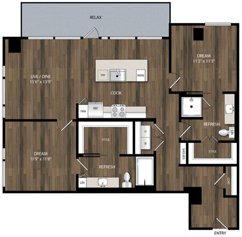 Floor plan for 2 beds, 2 baths, 1154 sqft